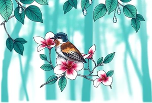 green forest background
blue rain drops
pink camelia flower
blue brown wren bird tattoo idea