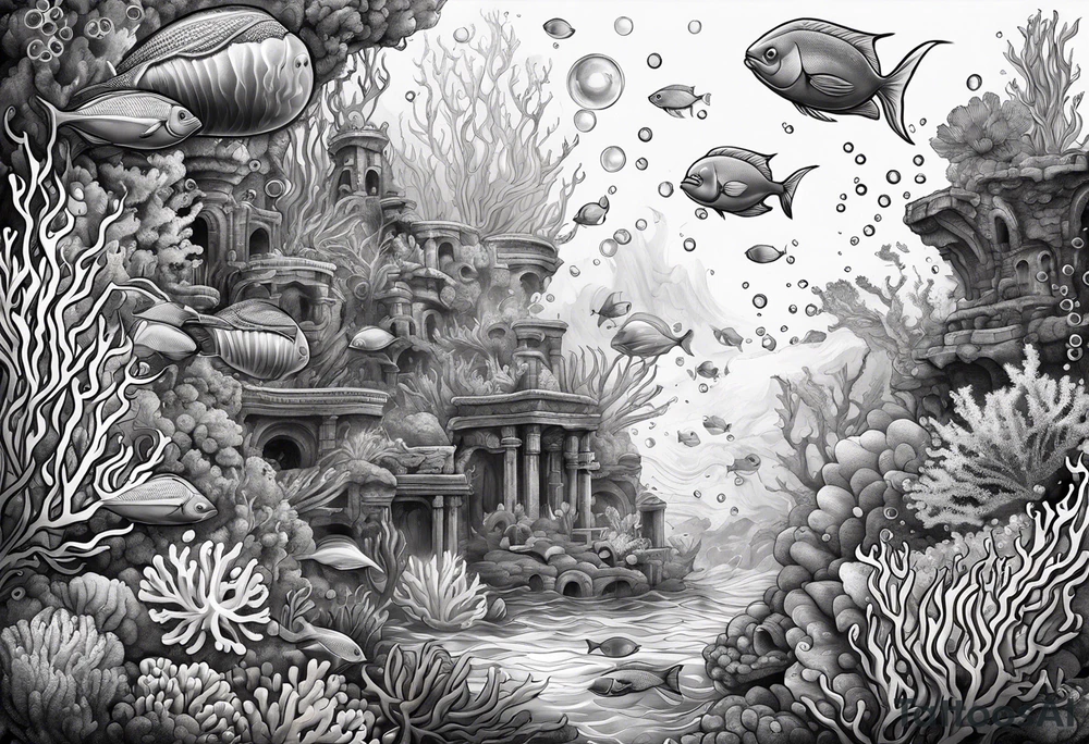 dark underwater coral reef with bubbles, flowing water lines, lost city of atlantis tattoo idea