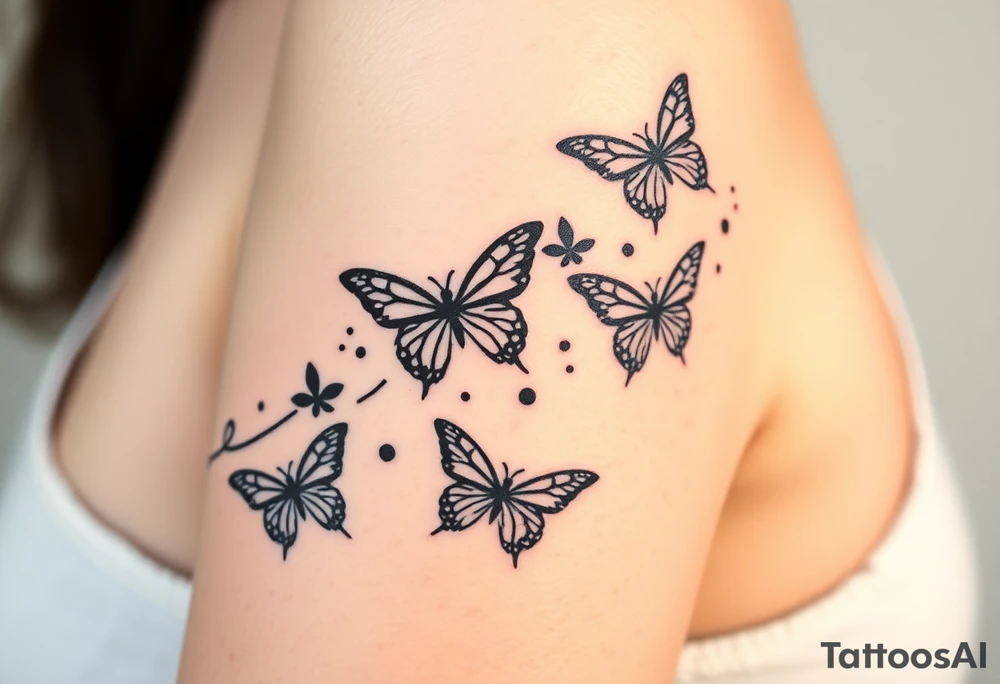Six different butterflies streaming down arm with six kids names Aden, Aninna, Novaih, Rayla, Jayla, Teresa tattoo idea