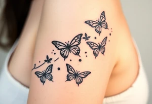 Six different butterflies streaming down arm with six kids names Aden, Aninna, Novaih, Rayla, Jayla, Teresa tattoo idea