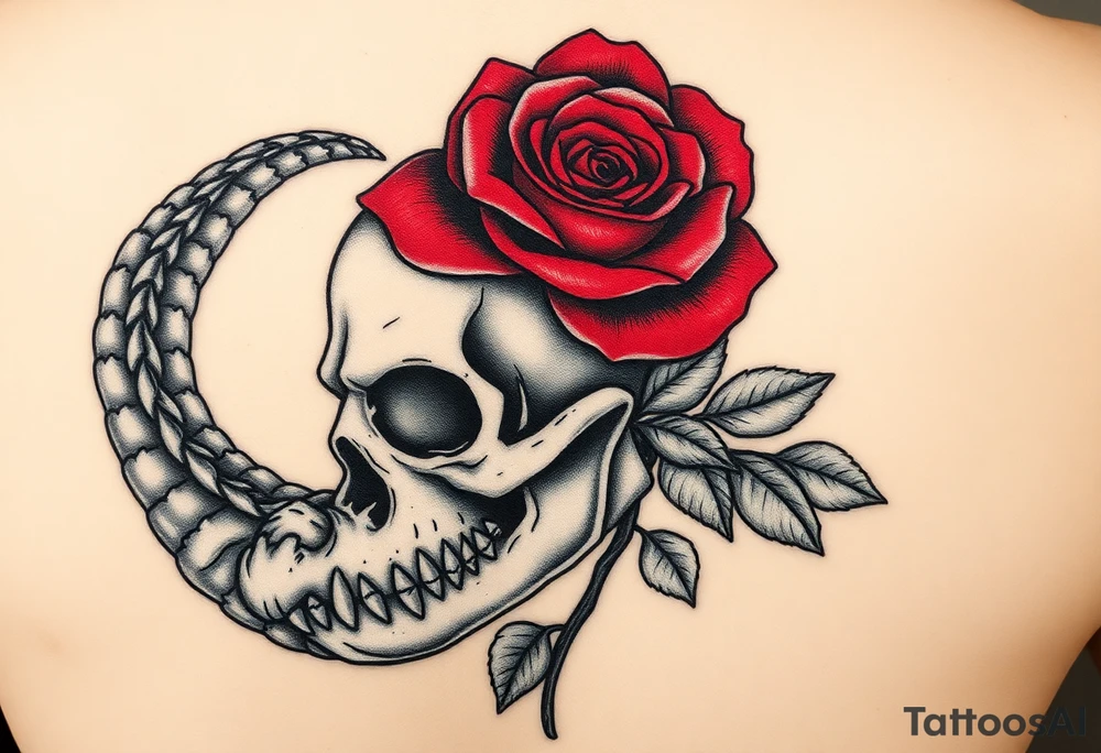 the Tudor rose at the center, all crimson petals edged in black velvet thorns, blooming right out of the skull’s eye socket like it’s growing from his bones. The skull’s grinning, but soft—like he’s in on the joke. And the alligator? He’s coiled around the whole thing, tail curling under the jaw, jaws open just enough to show teeth that look... almost tender. Like he’s protecting it. Or about to eat it.
Maybe a little mist, some ivy creeping up the spine of the rose. Dark greens, deep reds, charcoal shadows. No brights—just that old, heavy velvet feeling. tattoo idea
