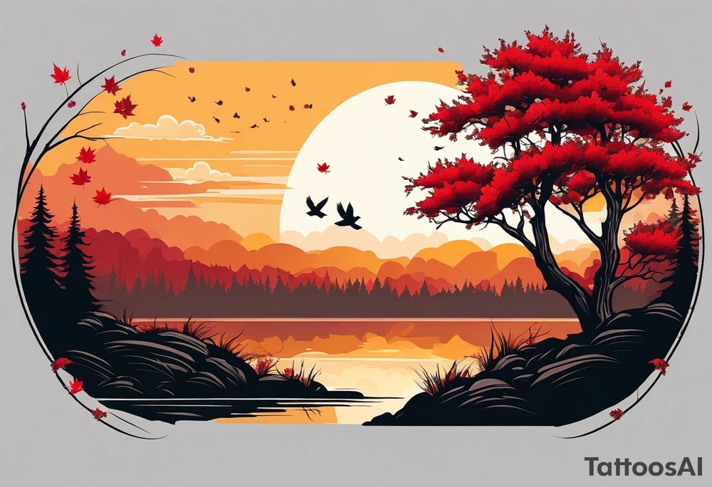 full left arm. Long tattoo A maple tree with red autumn leaves that branches upwards. White-throated dipper bird on the trees branches. Calluna flowers at the base of the trees stem. Tree stem has dark colors. Red/yellow sunset behind the trees stem. Leaves falling. tattoo idea