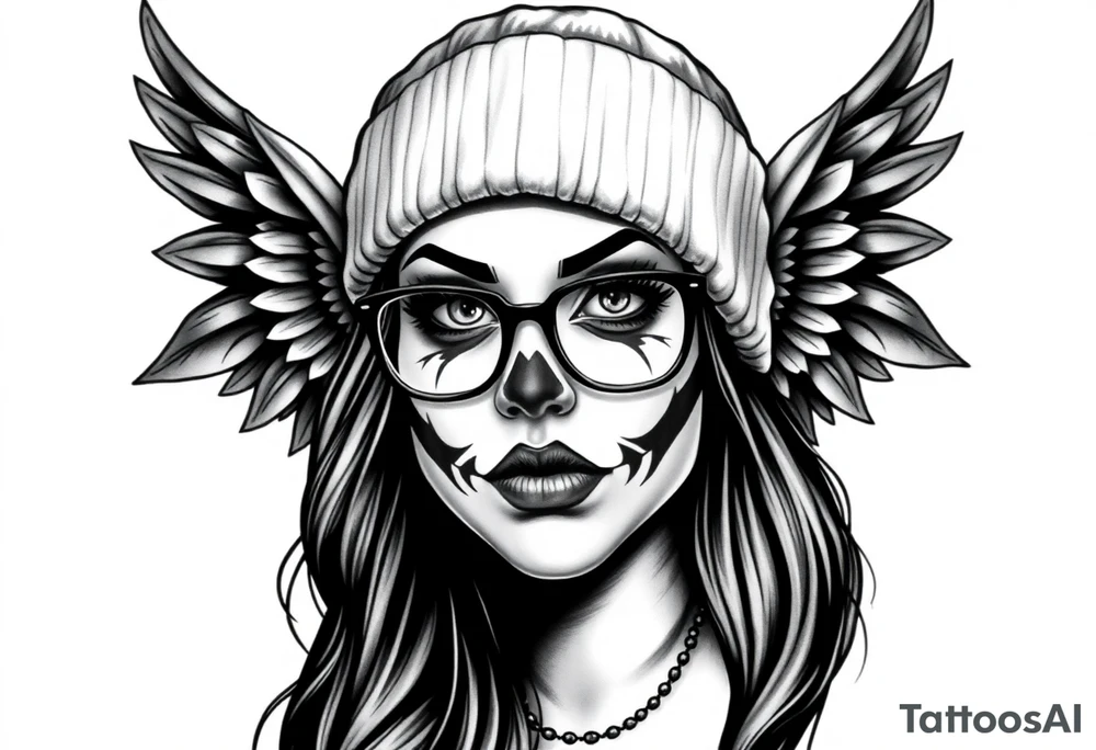 Chicana BBL fat sexy chunky plus size beautiful long hair clown makeup angel wings thug beanie eyeglasses tattoo idea