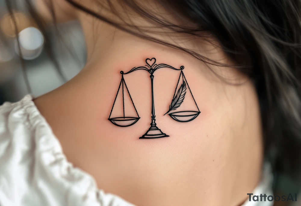 A pair of delicate scales balancing a heart and a feather, in elegant black and silver shading, symbolizing karmic justice. tattoo idea