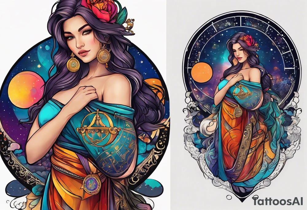 Libra woman holding scales with a night zodiac background including a half moon that encircles half of the woman with vibrant colors tattoo idea