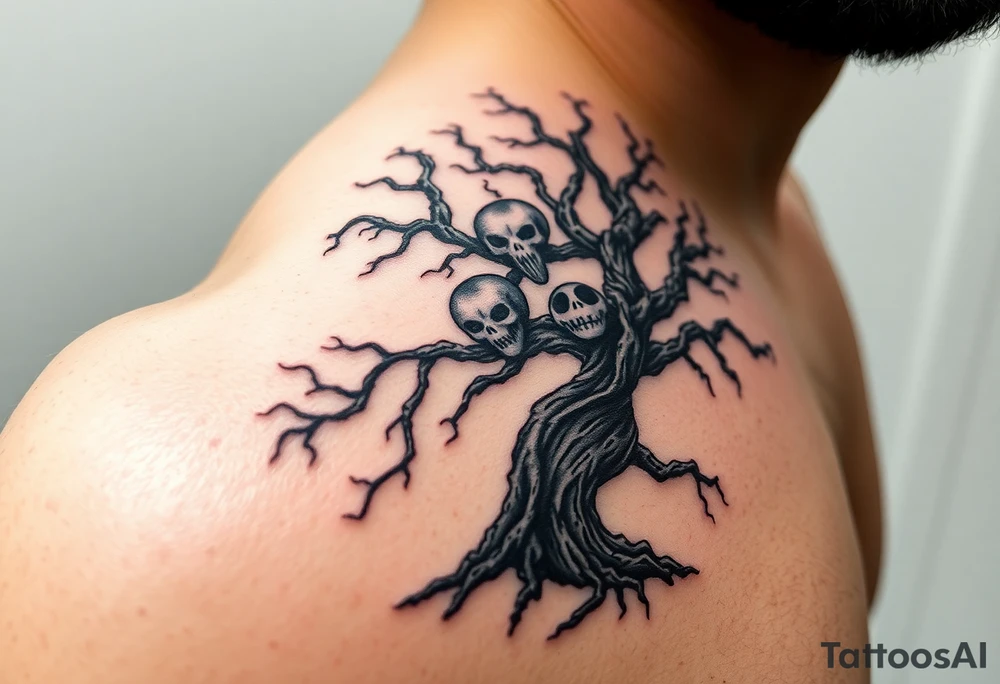 A haunted, twisted tree with ghostly faces in the branches, in deep black and grey tones, symbolizing the dark side of nature tattoo idea