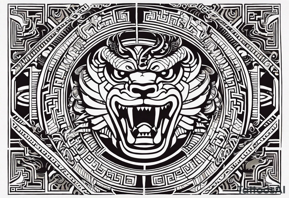 Design a masculine and fierce right chest tattoo of Quetzalcoatl, the Aztec feathered serpent god. Make Quetzalcoatl appear in mid-flight, with his powerful, feathered body coiling dynamically across the chest. His face should have sharp, intense features, with fierce, piercing eyes and serpent fangs bared. Incorporate traditional Aztec geometric patterns, like jagged lines and spirals, in the wings and tail, to emphasize strength and power. Use bold, black ink with subtle shading to give depth and texture, while ensuring the design stays sharp and aggressive. The feathers should appear sharp and stylized, giving an aura of both wisdom and danger. Refrence real illustrations in the Aztec culture tattoo idea