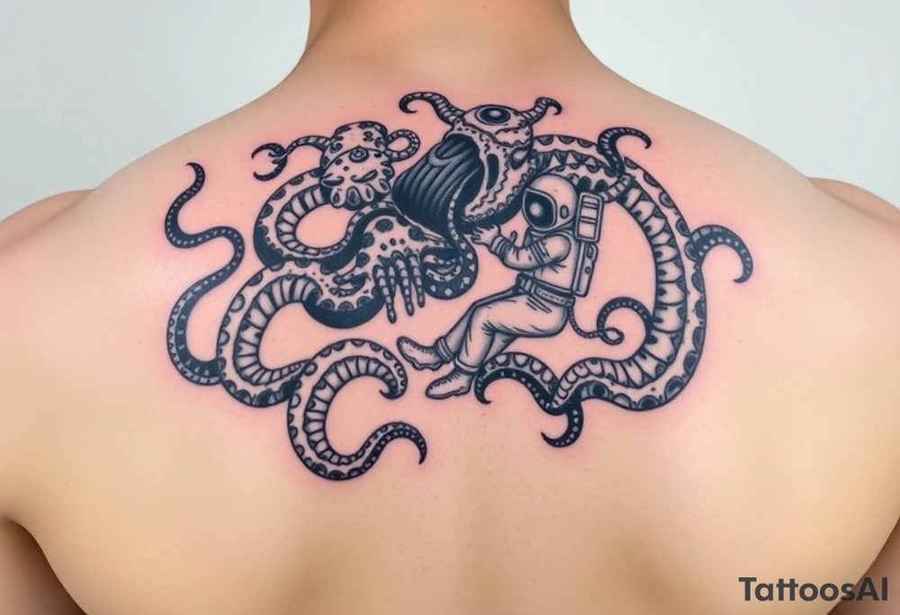 Deep sea kraken with an astronaut in a sea and space concept with colour tattoo idea