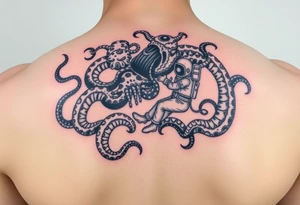 Deep sea kraken with an astronaut in a sea and space concept with colour tattoo idea