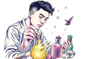 Handsome Asian young adult guy is  accidentally stumbled upon witch tools, supplies, artifacts, potions and exploring it curiously tattoo idea