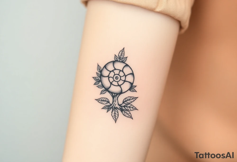 Fibonacci spiral shell on side of base of tree full of lots of leaves tattoo idea