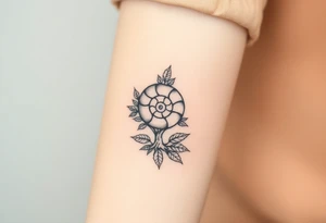 Fibonacci spiral shell on side of base of tree full of lots of leaves tattoo idea