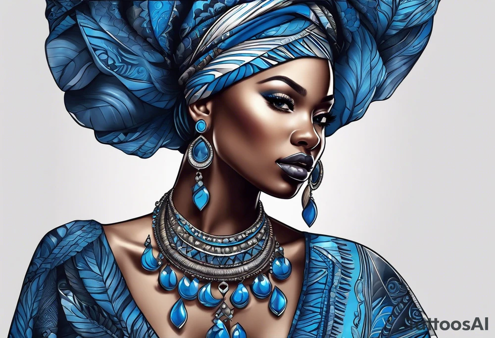 mulher iemanjá africana em preto e cinza com conchas marinhas, fundo da imagem com tons de azul tattoo idea