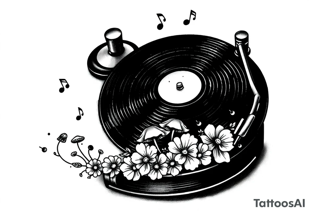 vinyl record player with mushrooms, flowers, and music notes around it tattoo idea