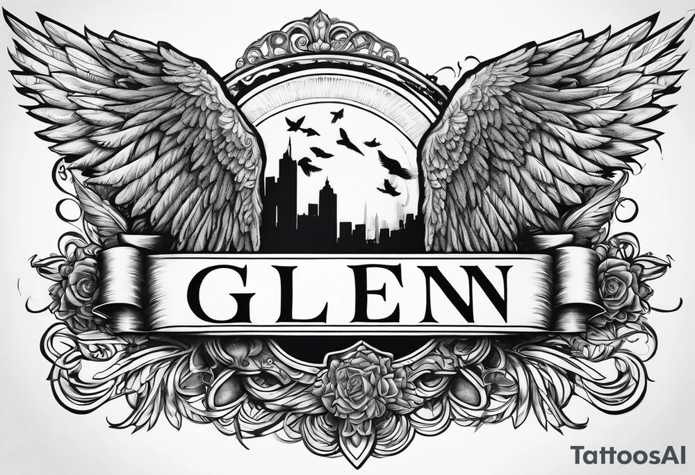 The word Glenn on a banner with angel Wings tattoo idea