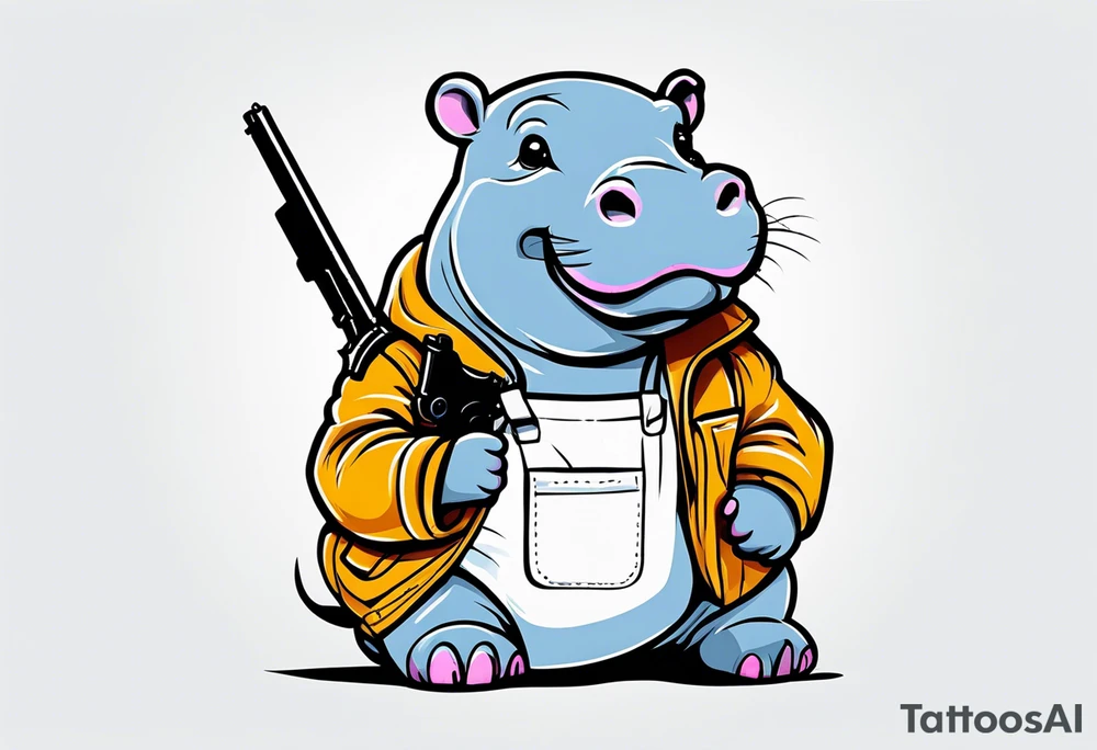 Baby hippo wearing overalls and holding a gun tattoo idea