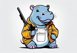 Baby hippo wearing overalls and holding a gun tattoo idea