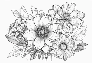Narcissus, Chrysanthemum,
Cosmos, snow drop that shows all the flower stems for the back of the arm. Fine line. In a flower bouquet tattoo idea