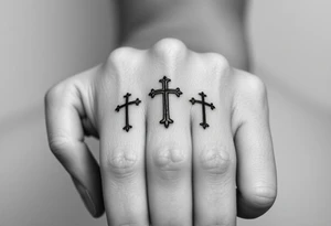 3 crosses side by side to form what looks like a ring on top of the 4th finger. elegant, simple.
Use simple t that are simple lines, like a micro tattoo. no complicated designs or lines tattoo idea