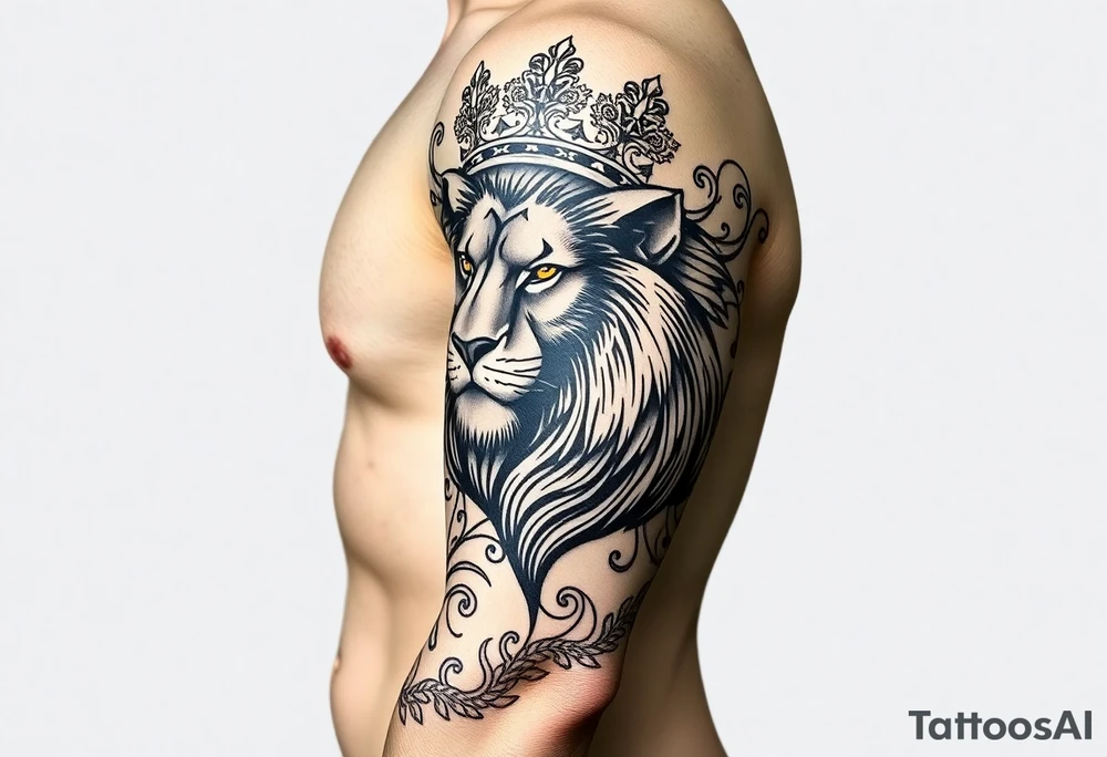 majestic lion wearing ornate crown, surrounded by baroque flourishes tattoo idea