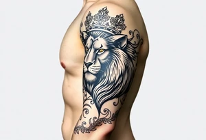 majestic lion wearing ornate crown, surrounded by baroque flourishes tattoo idea