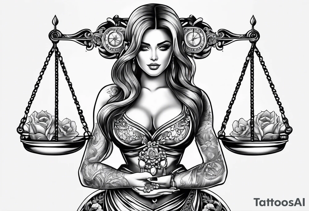Intricate libra scales held by a beautiful woman tattoo idea
