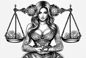 Intricate libra scales held by a beautiful woman tattoo idea