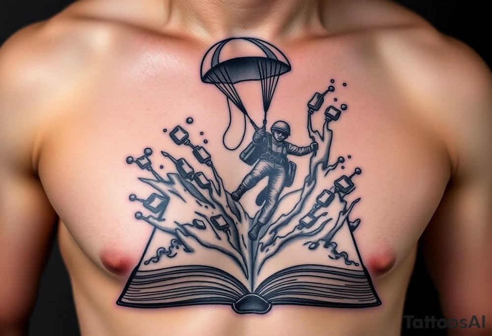 A parachuting soldier falling into an open book. Chaos surrounding, but the book is protecting the soldier from it. On the chest. Make the tattoo smaller. Make it thought provoking. Make the chaos in the environment be an eerie mist. Make the pages in the book be blank. Just one soldier, no other characters. the book is old. tattoo idea