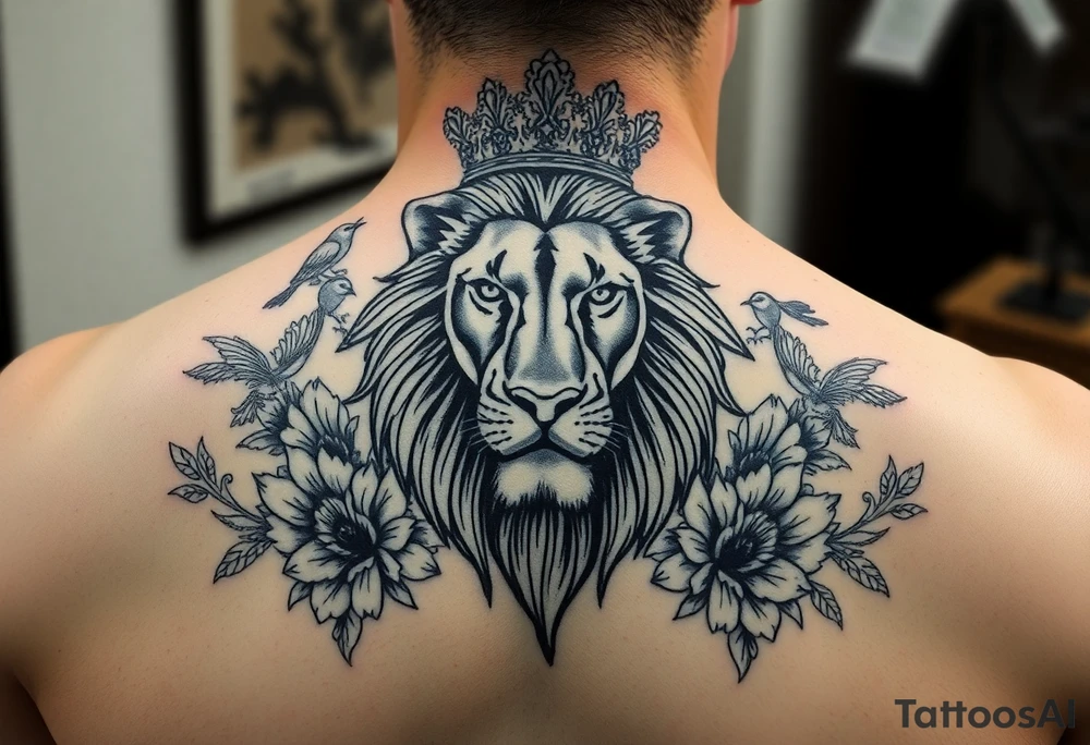 powerful majestic lion with a crown, surrounded by floral ornaments and birds tattoo idea
