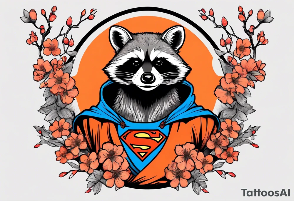 raccoon wearing a black and white Superman hoodie and orange Japanese cherry blossoms tattoo idea