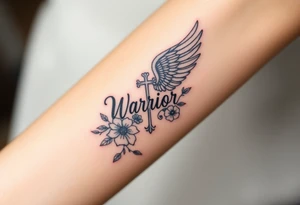 angel wing with word "Warrior" surrounded with flowers and cross tattoo idea