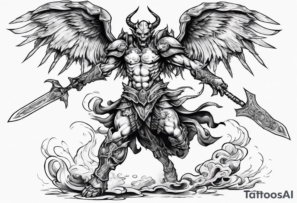 A demon angel wearing organic armor that is in mid-air with his two-handed sword behind them about to attack. tattoo idea