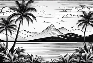 fine line beach landscape on upper arm with palm trees tattoo idea