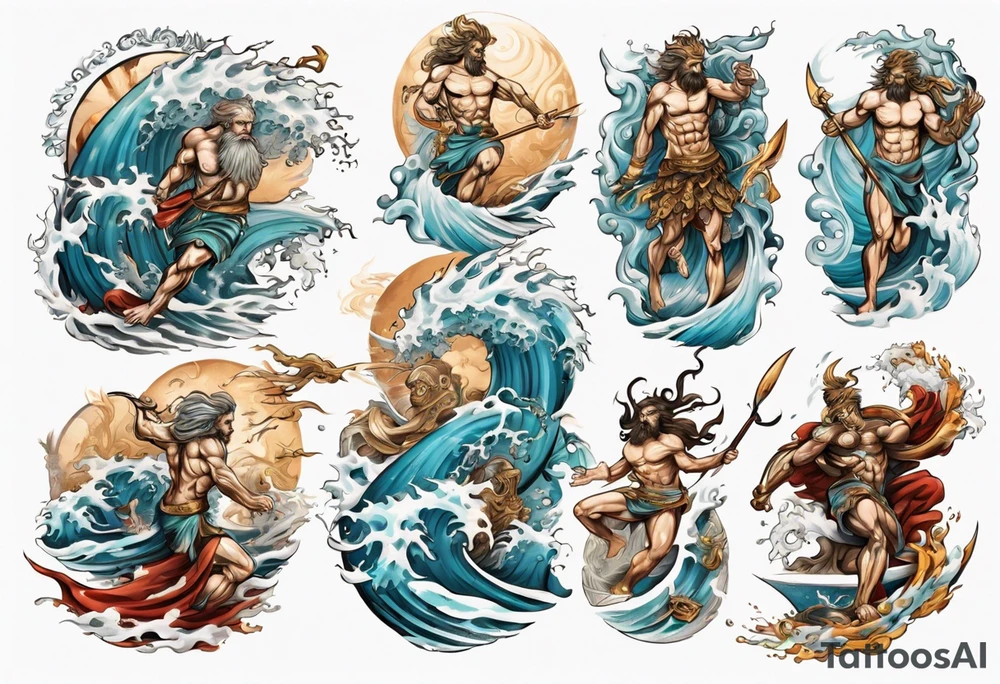 Ancient Greek gods of the sea fighting with surfer tattoo idea
