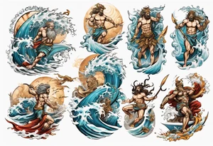 Ancient Greek gods of the sea fighting with surfer tattoo idea