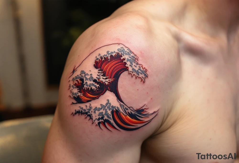 A fiery red and orange stylized wave swirls up the calf, giving a volcanic ocean vibe. tattoo idea