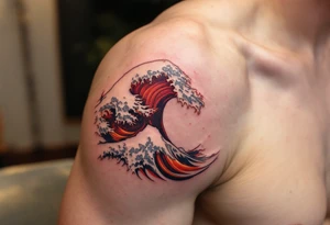 A fiery red and orange stylized wave swirls up the calf, giving a volcanic ocean vibe. tattoo idea