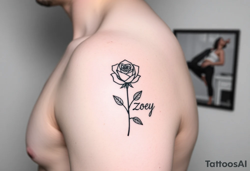 Arm tattoo with a rose and the name Zoey in cursive for the stem tattoo idea