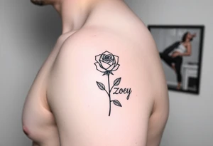 Arm tattoo with a rose and the name Zoey in cursive for the stem tattoo idea