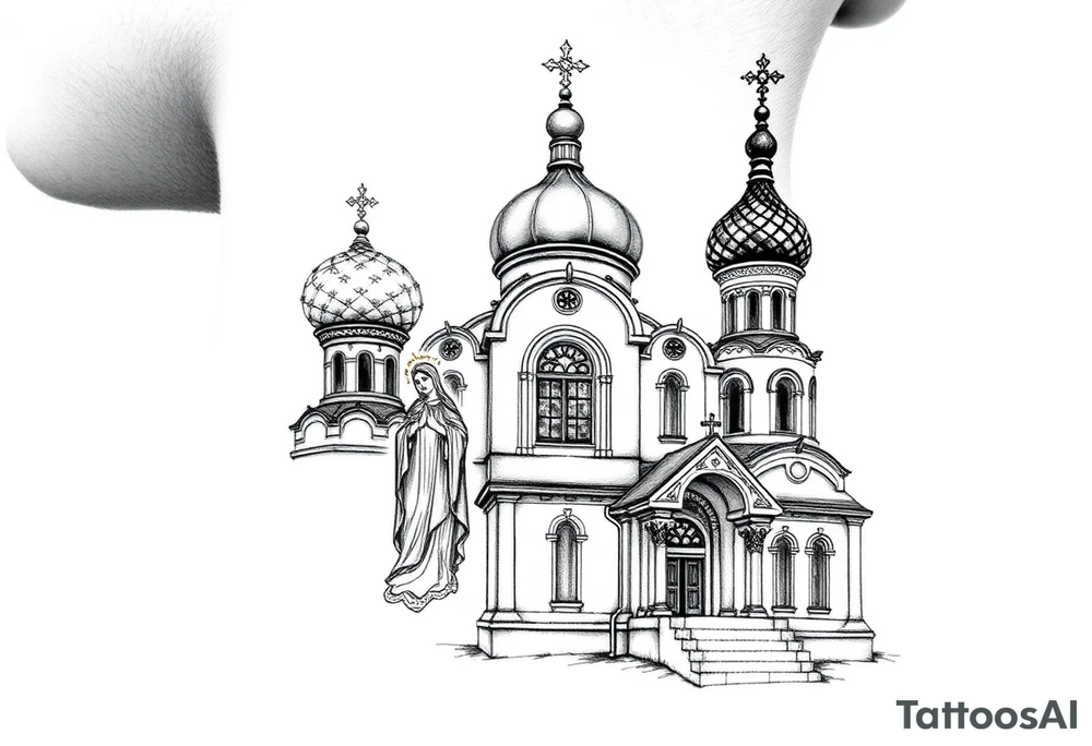 Russian orthodox church with bulb domes with a prominent russian orthodox style virgin mary stood outside to the left russian themed tattoo idea