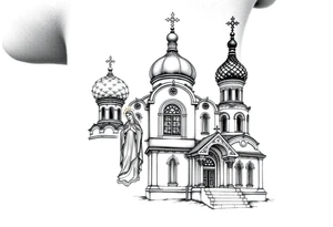 Russian orthodox church with bulb domes with a prominent russian orthodox style virgin mary stood outside to the left russian themed tattoo idea