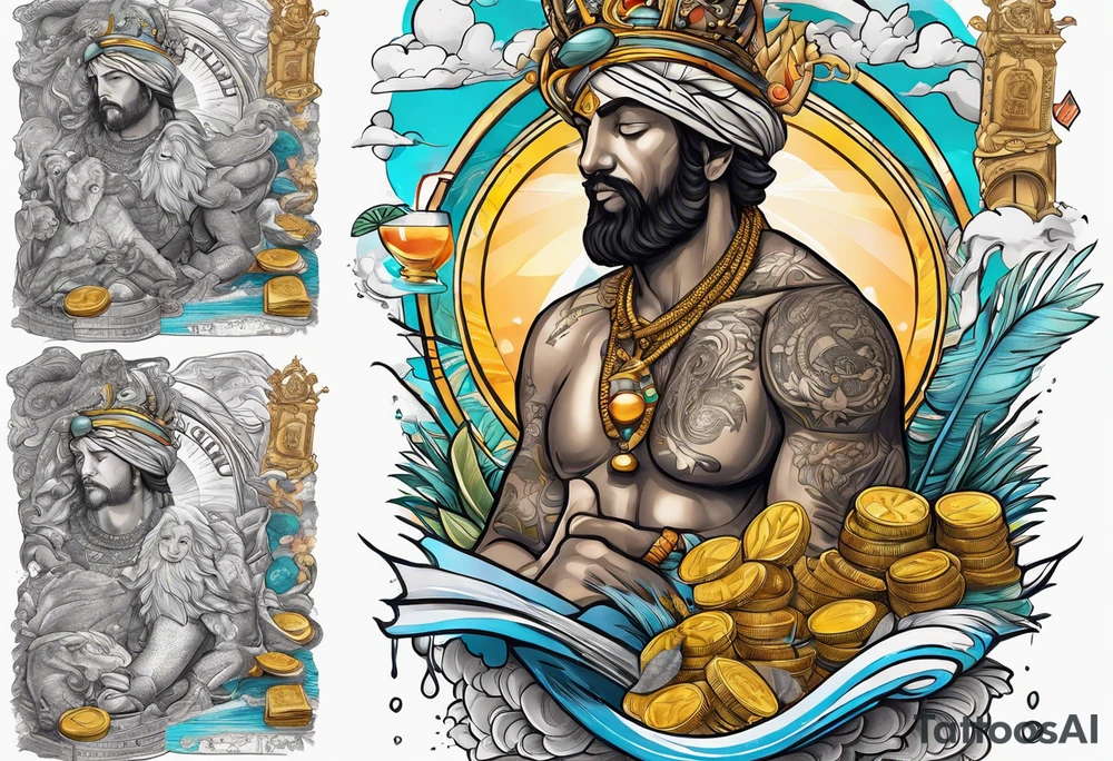 God on top representing god over everything, lower on the leg show things like money, drinking, something beachy, cards tattoo idea