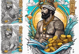 God on top representing god over everything, lower on the leg show things like money, drinking, something beachy, cards tattoo idea