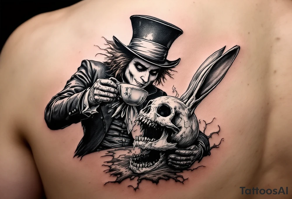 The mad hatter pouring tea on the white rabbit with an open skull tattoo idea