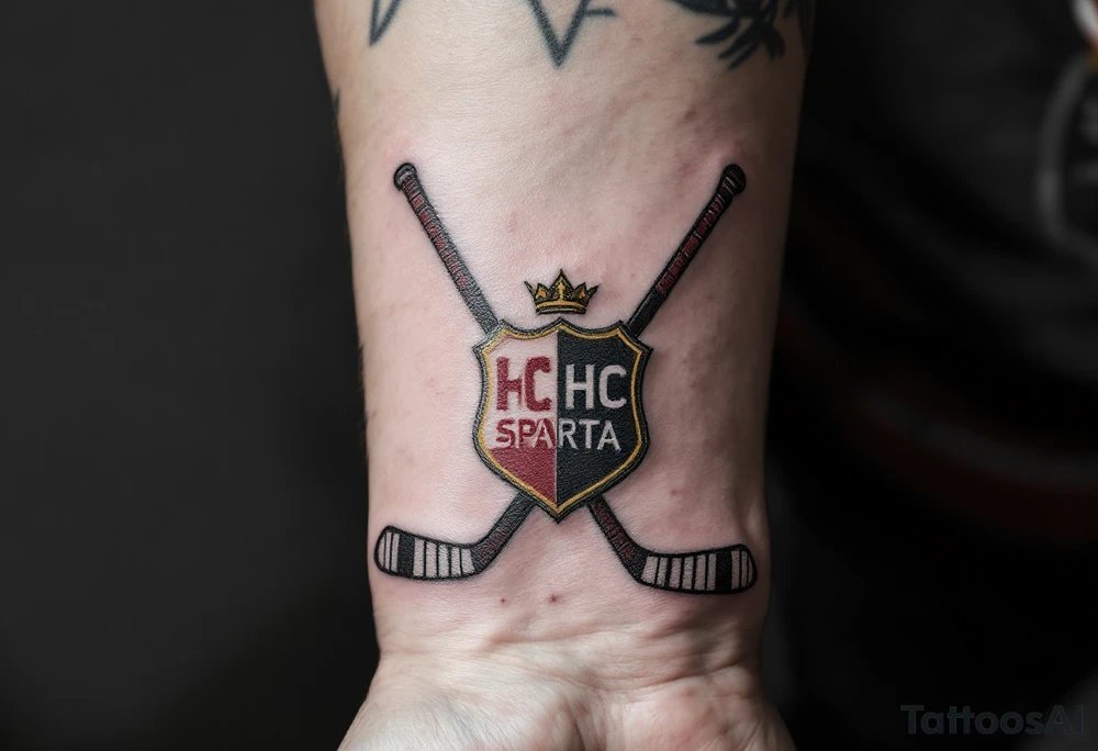 Two crossed hockey sticks with the HC Sparta crest in deep red and yellow centered on the wrist. tattoo idea