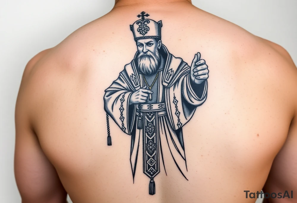 russian orthodox priest in a fully detailed garment swinging censer chains tattoo idea