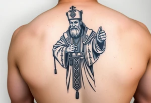 russian orthodox priest in a fully detailed garment swinging censer chains tattoo idea