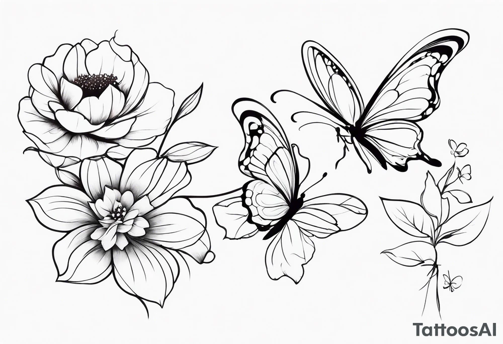 Large floral design of 3 different flowers with a fairy and butterfly tattoo idea