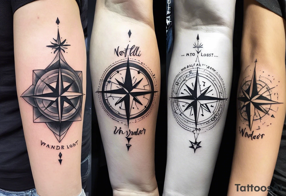 A half sleeve tattoo that features the quote **"Not all who wander are lost"** in elegant script on the outer forearm. Surrounding it are a compass rose and flowing elements like mountains, waves, and trees, symbolizing adventure and nature. Small travel icons like a plane and backpack are interspersed, enhancing the theme of exploration. The design uses a dynamic look that wraps naturally around your forearm. tattoo idea