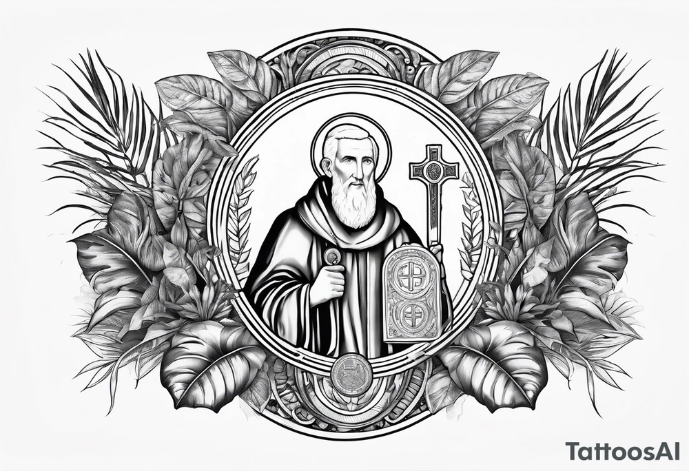 the medal of saint benedict with jungle plants surrounding it tattoo idea